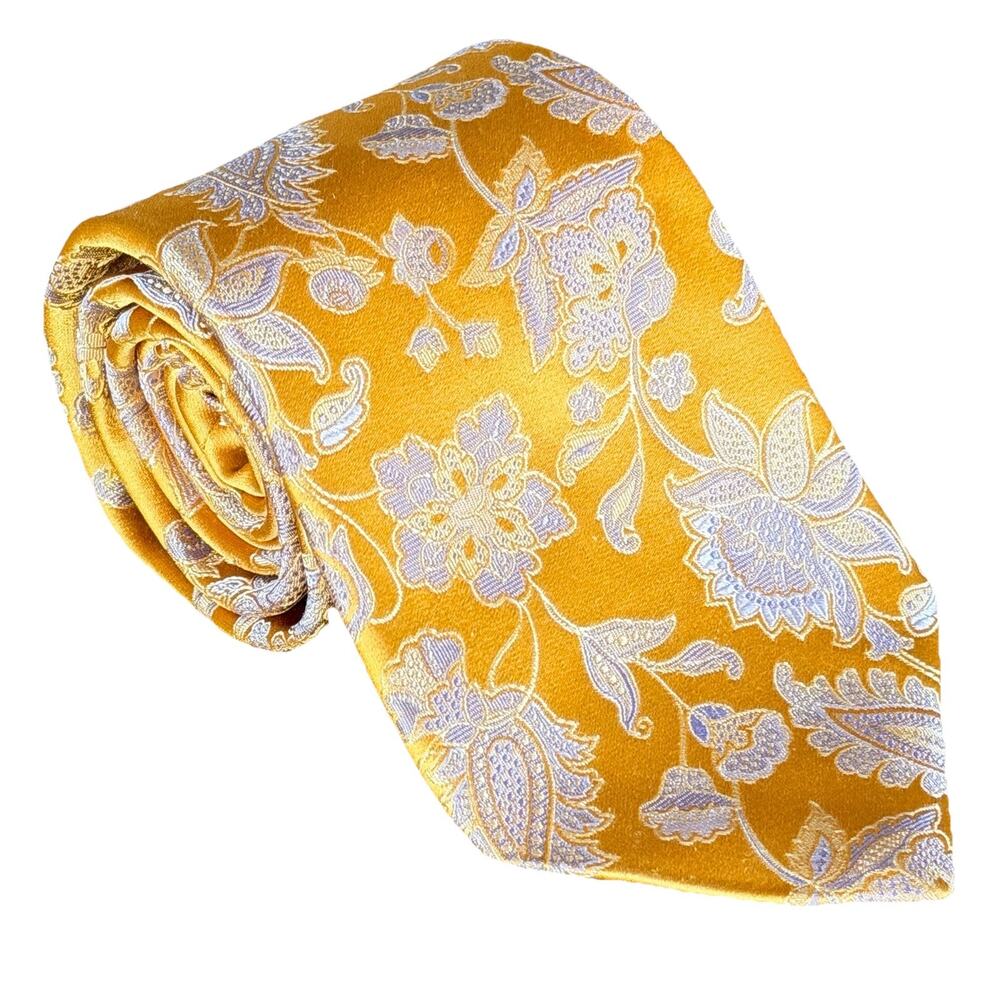 Ike Behar Necktie 58"x 3.75" Yellow w Purple Flower Silk Jacquard Floral Tie EUC